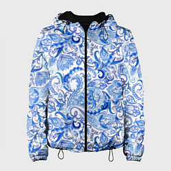 Куртка с капюшоном женская Гжельская роспись на белом фоне, цвет: 3D-черный
