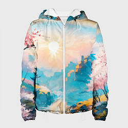 Женская куртка Японский город вдали и цветущая Сакура у реки