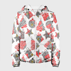 Куртка с капюшоном женская Праздничные узоры подарки, цвет: 3D-белый