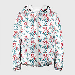 Куртка с капюшоном женская Веточки омелы и остролиста для праздника, цвет: 3D-белый