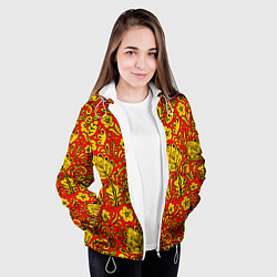 Куртка с капюшоном женская Хохломская роспись золотистые цветы на красном фон, цвет: 3D-белый — фото 2