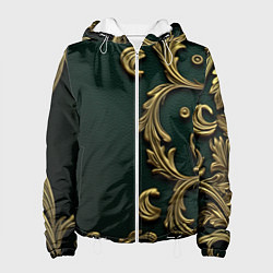 Куртка с капюшоном женская Лепнина золотые узоры на зеленой ткани, цвет: 3D-белый