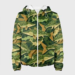Куртка с капюшоном женская Камуфляж рыболова - рыба щука, цвет: 3D-белый