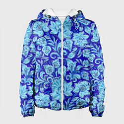 Куртка с капюшоном женская Узоры гжель на темно синем фоне, цвет: 3D-белый