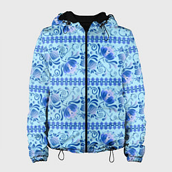 Куртка с капюшоном женская Паттерн гжель узоры и цветы, цвет: 3D-черный