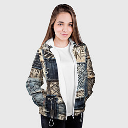 Куртка с капюшоном женская Геометрия на пэчворк дениме, цвет: 3D-белый — фото 2