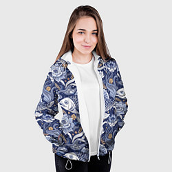 Куртка с капюшоном женская Рыба карп - синий корейский узор, цвет: 3D-белый — фото 2