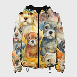 Куртка с капюшоном женская Красочный паттерн с щенками, цвет: 3D-черный
