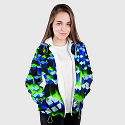 Куртка с капюшоном женская Синие блоки в зеленом тумане, цвет: 3D-белый — фото 2