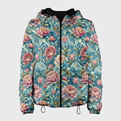 Куртка с капюшоном женская Пионы паттерном садовые крупные цветы, цвет: 3D-черный