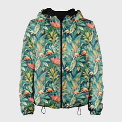 Куртка с капюшоном женская Тропический фламинго в цветах, цвет: 3D-черный