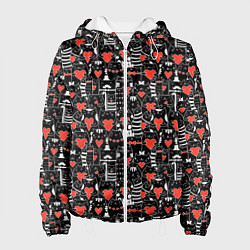 Куртка с капюшоном женская Черные котики держат сердечки паттерн, цвет: 3D-белый