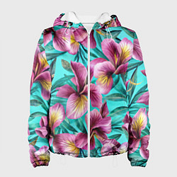 Куртка с капюшоном женская Розовые ирисы лианы паттерн, цвет: 3D-белый