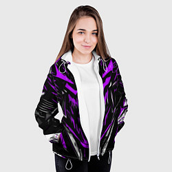 Куртка с капюшоном женская Фиолетово-белое абстрактное лицо на чёрном фоне, цвет: 3D-белый — фото 2