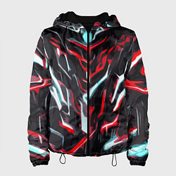 Куртка с капюшоном женская Красно-белые абстрактные линии на чёрном фоне, цвет: 3D-черный