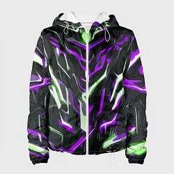 Куртка с капюшоном женская Фиолетово-белые абстрактные линии на чёрном фоне, цвет: 3D-белый