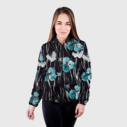 Куртка с капюшоном женская Цветы и волнообразные линии, цвет: 3D-черный — фото 2