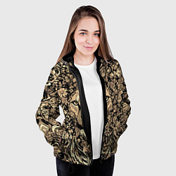 Куртка с капюшоном женская Лев среди узоров из цветов, цвет: 3D-черный — фото 2
