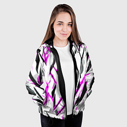 Куртка с капюшоном женская Чёрно-розовые агрессивные полосы на белом фоне, цвет: 3D-черный — фото 2