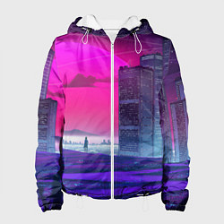 Куртка с капюшоном женская Synthwave неоновый город, цвет: 3D-белый