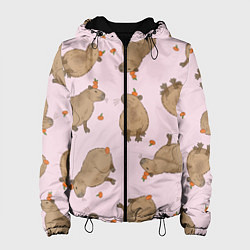 Куртка с капюшоном женская Паттерн с капибарами и мандаринками розовый, цвет: 3D-черный