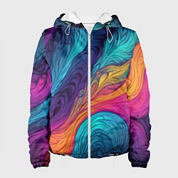 Куртка с капюшоном женская Перья эбру абстракция, цвет: 3D-белый