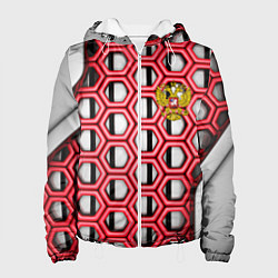 Куртка с капюшоном женская Россия герб сетка метала, цвет: 3D-белый