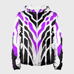 Куртка с капюшоном женская Агрессивные фиолетово-белые полосы на чёрном фоне, цвет: 3D-белый