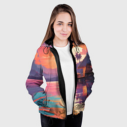 Куртка с капюшоном женская Летний домик пальмы закат, цвет: 3D-черный — фото 2