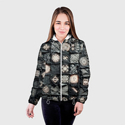 Куртка с капюшоном женская Африканские знаки на пэчворк дениме, цвет: 3D-белый — фото 2
