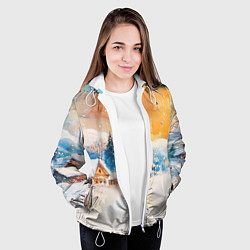 Куртка с капюшоном женская Деревенский новогодний пейзаж, цвет: 3D-белый — фото 2