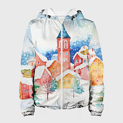 Куртка с капюшоном женская Новогодний сказочный город, цвет: 3D-белый