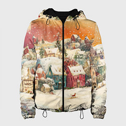 Куртка с капюшоном женская Новогодний город из разноцветных домов, цвет: 3D-черный