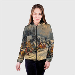 Куртка с капюшоном женская Новогодние зимние домики, цвет: 3D-черный — фото 2