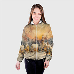 Куртка с капюшоном женская Новогодний небольшой городок, цвет: 3D-белый — фото 2