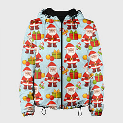 Куртка с капюшоном женская Новогодний паттерн с Сантой и подарками, цвет: 3D-черный