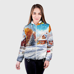 Куртка с капюшоном женская Новогодний пейзаж и домики, цвет: 3D-белый — фото 2