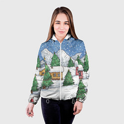 Куртка с капюшоном женская Домики и елки - новый год, цвет: 3D-белый — фото 2