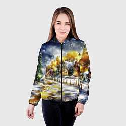 Куртка с капюшоном женская Новогодний пейзаж акварель, цвет: 3D-черный — фото 2