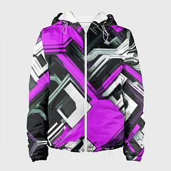 Куртка с капюшоном женская Бело-фиолетовый техно паттерн на чёрном фоне, цвет: 3D-белый