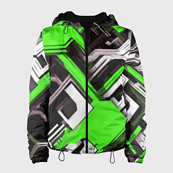 Женская куртка Бело-зелёный техно паттерн на чёрном фоне