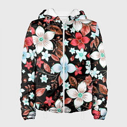 Женская куртка Красно-белые цветы на чёрном фоне