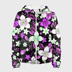 Женская куртка Фиолетово-белые цветы на чёрном фоне