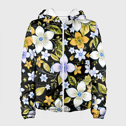 Куртка с капюшоном женская Жёлто-белые цветы на чёрном фоне, цвет: 3D-белый