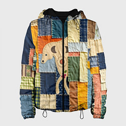 Куртка с капюшоном женская Пэчворк с собакой, цвет: 3D-черный