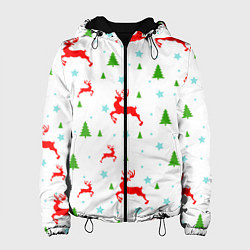 Куртка с капюшоном женская Новогодние олени с ёлками, цвет: 3D-черный