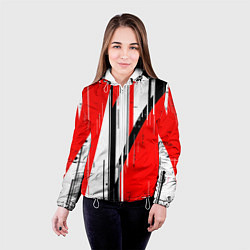 Куртка с капюшоном женская Чёрно-белые вертикальные полосы на красном фоне, цвет: 3D-белый — фото 2