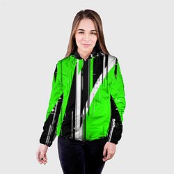 Куртка с капюшоном женская Чёрно-белые вертикальные полосы на зелёном фоне, цвет: 3D-черный — фото 2