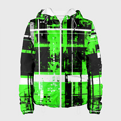 Куртка с капюшоном женская Зелёно-белый гранж на чёрном фоне, цвет: 3D-белый