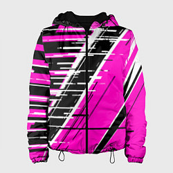 Куртка с капюшоном женская Чёрно-белые глитч полосы на розовом фоне, цвет: 3D-черный